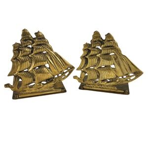 Two VTG Solid Brass Schooners Sailing Ships Nautical MCM Folding Style Bookends